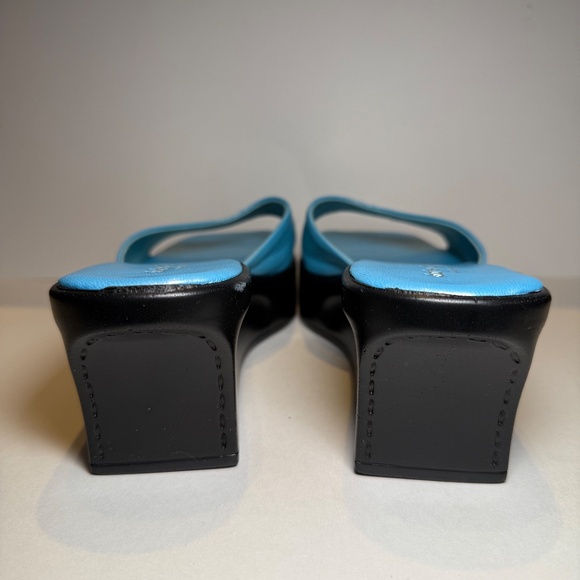 CHARLES DAVID Leather Platform Wedge Heel Sandals Size 8 Light Blue Slides y2k - Picture 5 of 12